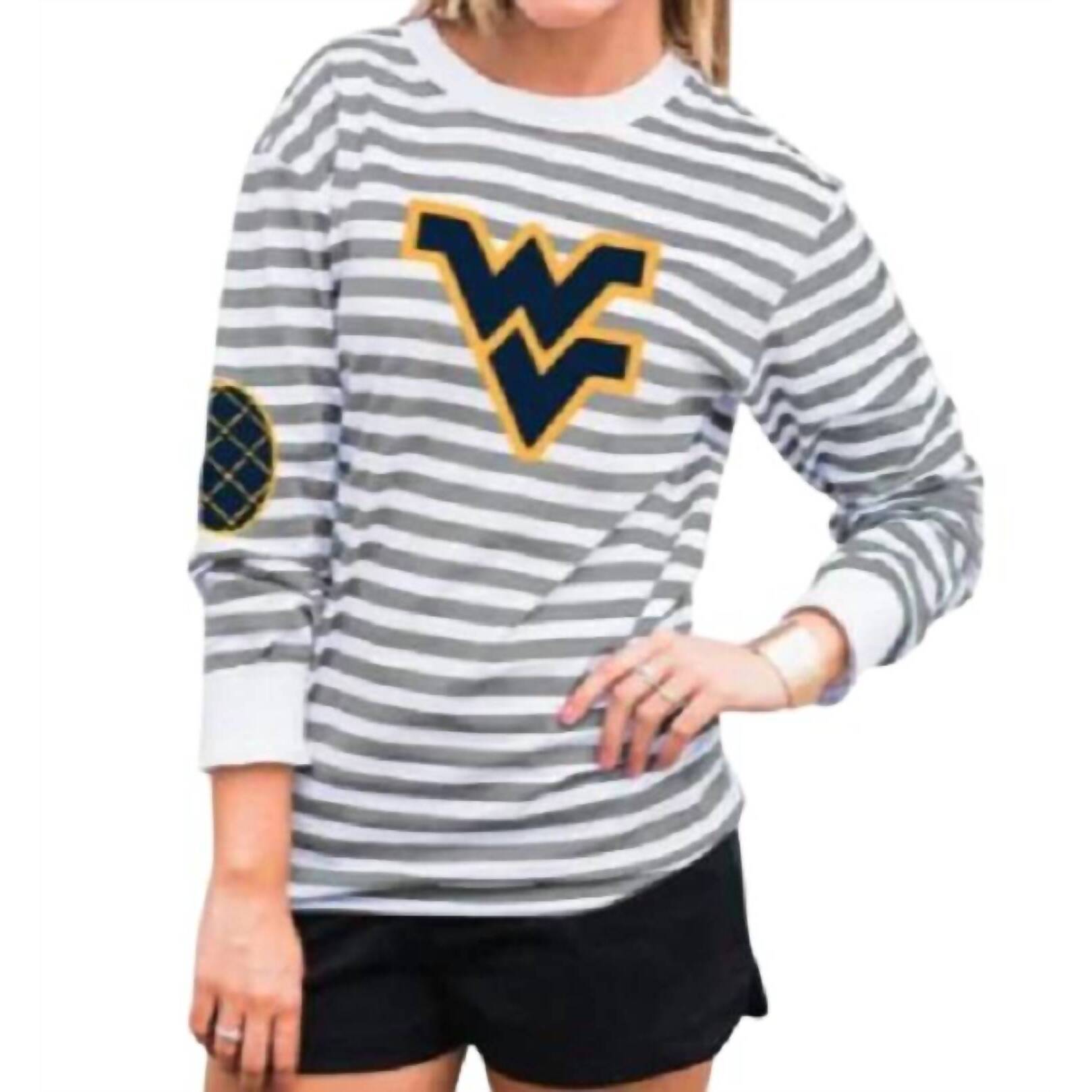 New Gameday Couture West Virginia University Striped Elbow Patch Tee In White/Gr